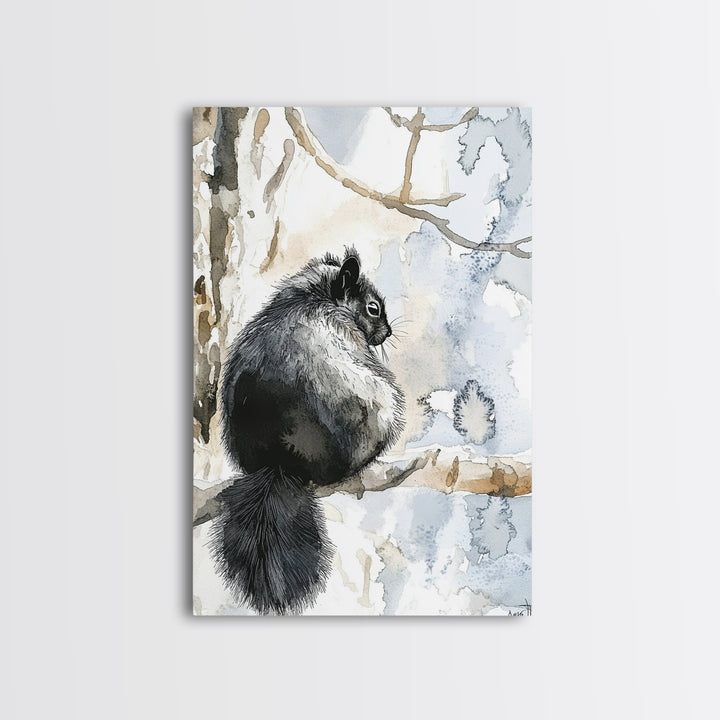 Black Squirrel Winter Branch Wall Art, Watercolor Wildlife Print, Rustic Nature Decor, Woodland Animal Art, Cabin Poster