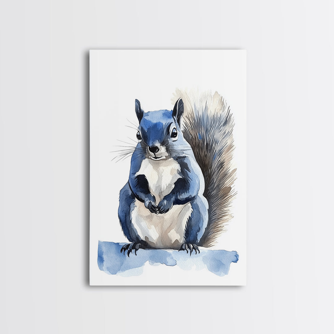 Blue Watercolor Squirrel Wall Art, Cute Woodland Animal Print, Nursery Decor, Kids Room Art, Whimsical Wildlife Poster Gift