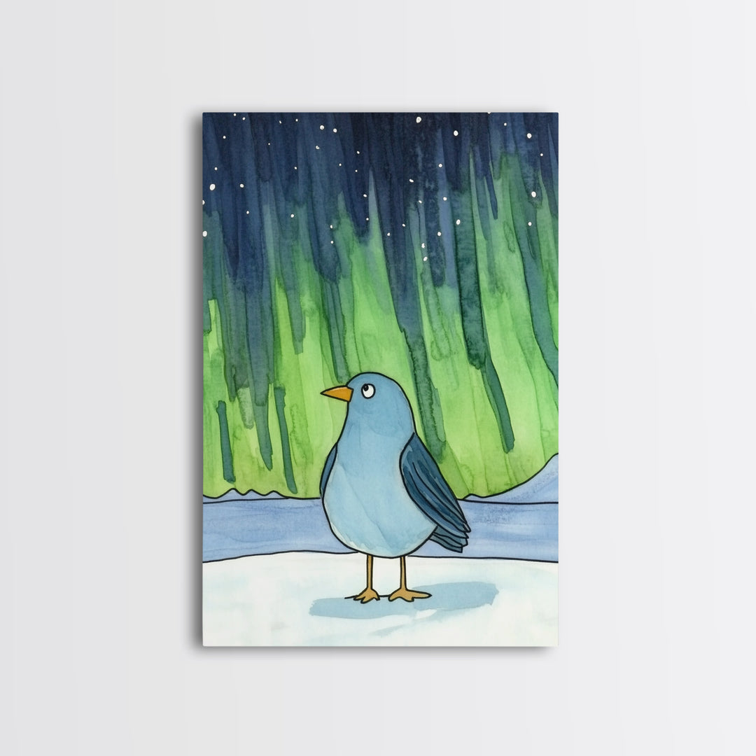 Whimsical Blue Bird Aurora Wall Art, Northern Lights Winter Decor, Nursery Animal Print, Kids Room Art, Celestial Poster