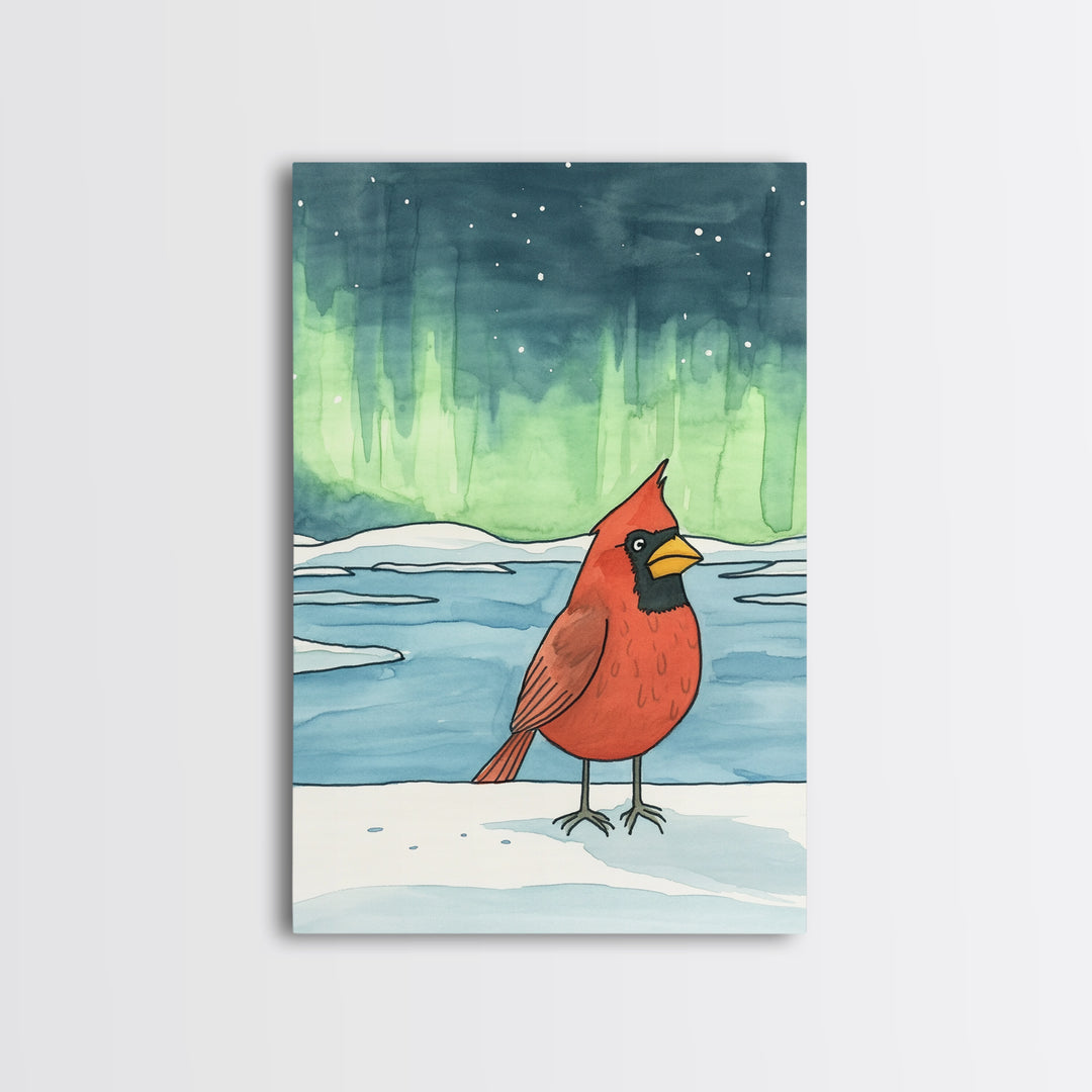 Cardinal Under Northern Lights Canvas Print, Winter Landscape Wall Art, Bird Art Print, Cozy Cabin Decor, Christmas Gift For Her