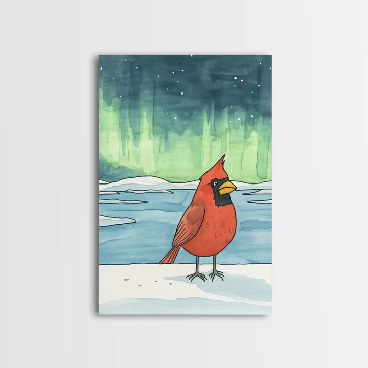 Cardinal Under Northern Lights Canvas Print, Winter Landscape Wall Art, Bird Art Print, Cozy Cabin Decor, Christmas Gift For Her