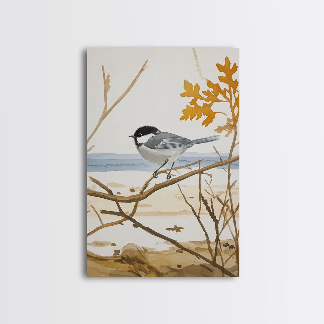 Coastal Chickadee On Driftwood Branch Wall Art, Beach House Decor, Nautical Nature Print, Bird Art Print, Serene Seaside Decor