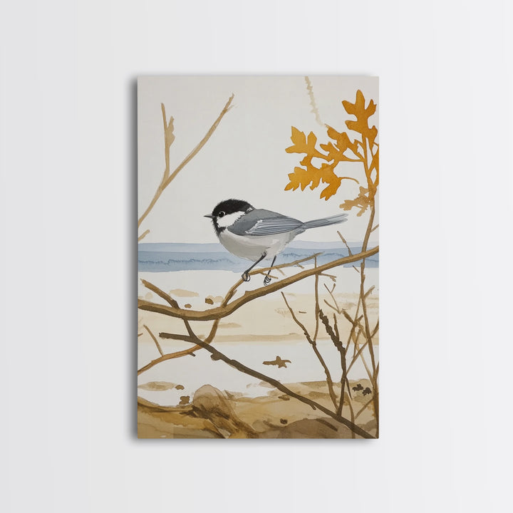 Coastal Chickadee On Driftwood Branch Wall Art, Beach House Decor, Nautical Nature Print, Bird Art Print, Serene Seaside Decor