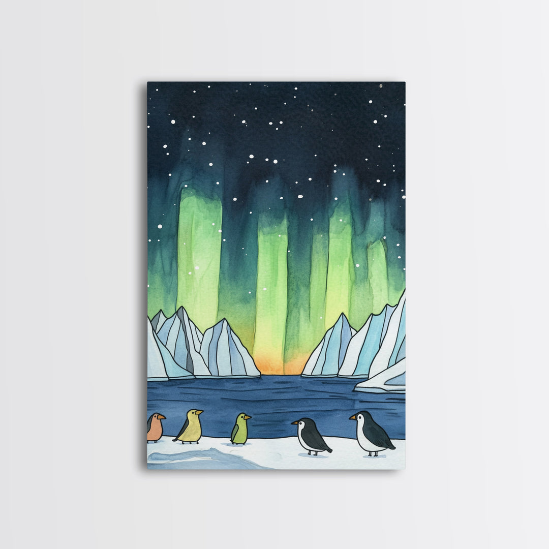 Penguins Under Northern Lights Canvas Print, Aurora Borealis Wall Decor, Arctic Animal Art, Kids Room Decor, Whimsical Nursery Art