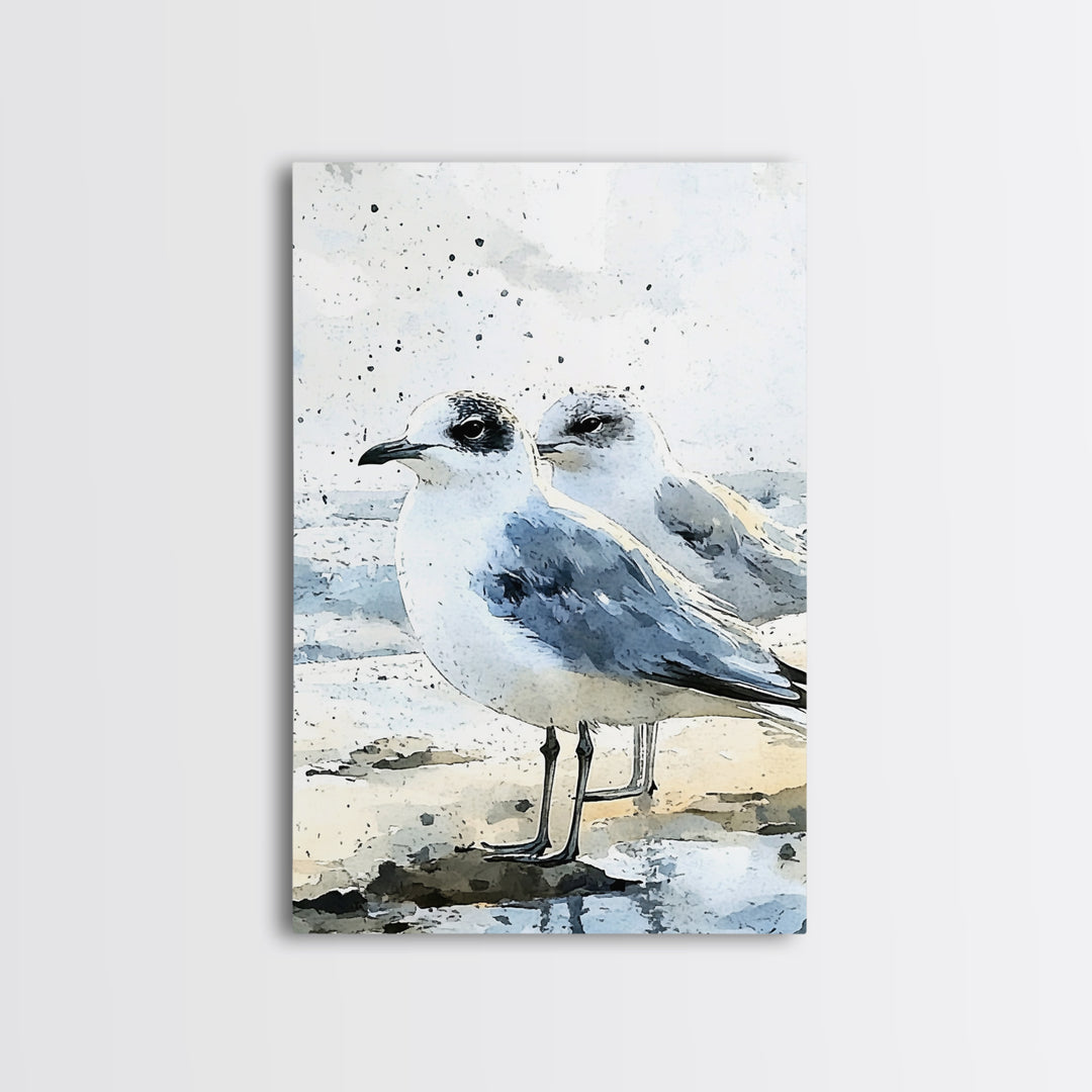 Two Seagulls On Sandy Beach Framed Canvas Print, Coastal Wall Art, Ocean Decor, Nautical Art Print, Beach House Decor Gift