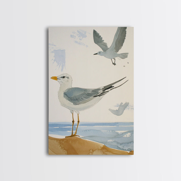 Minimal Seagulls Above Ocean Dune Canvas Print, Coastal Wall Art, Beach House Decor, Nautical Bird Print, Serene Bathroom Decor