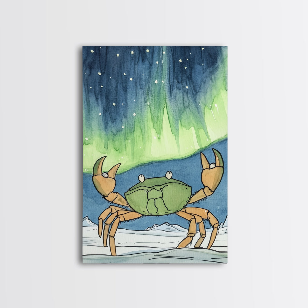Whimsical Crab Under Northern Lights Wall Art, Coastal Animal Print, Ocean Nursery Decor, Kids Room Decor, Playful Beach House Art