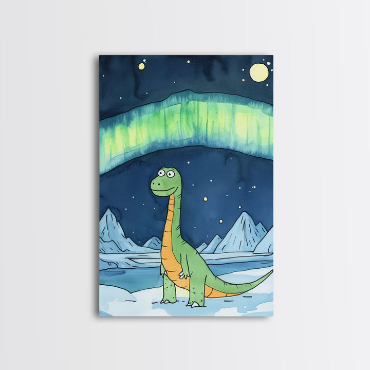 Cute Green Dinosaur Under Northern Lights Wall Art, Whimsical Nursery Decor, Kids Room Art, Arctic Adventure Canvas Print