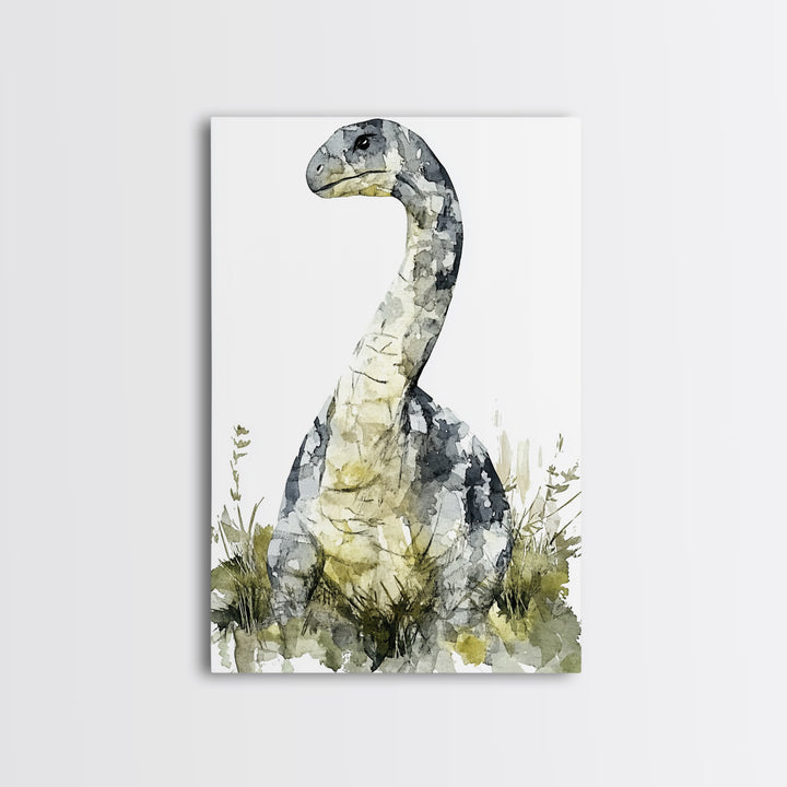 Gentle Long Neck Dinosaur Watercolor Wall Art, Neutral Nursery Decor, Animal Art Print, Kids Room Canvas Print, Baby Gift