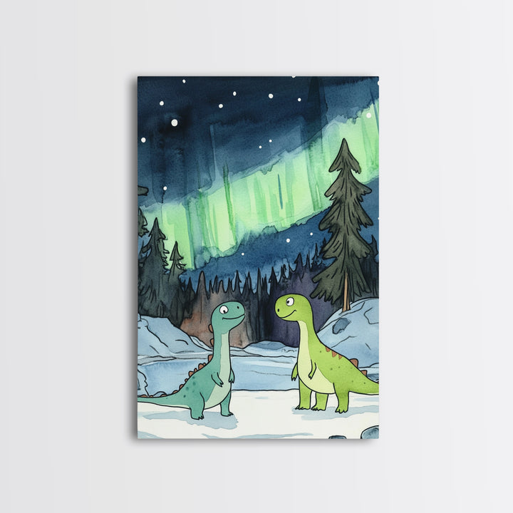 Two Smiling Dinosaurs In Snowy Forest Wall Art, Northern Lights Nursery Decor, Whimsical Kids Room Canvas Print, Baby Shower Gift