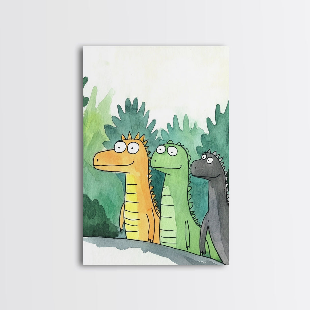 Three Cute Dinosaurs In Green Jungle Wall Art, Whimsical Animal Nursery Decor, Kids Room Art Print, Colorful Canvas Print