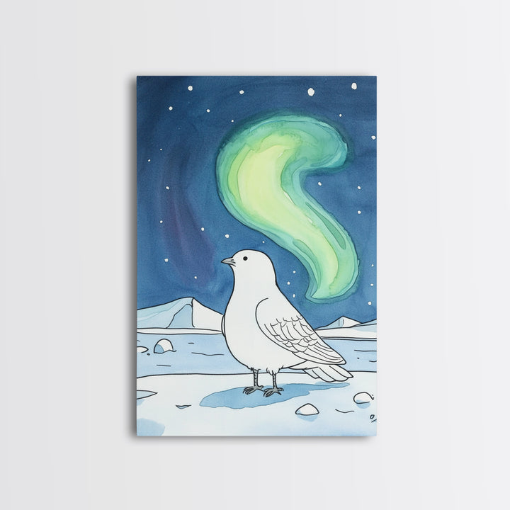 White Arctic Bird Beneath Northern Lights Wall Art, Winter Nature Decor, Celestial Bird Art Print, Peaceful Canvas Print