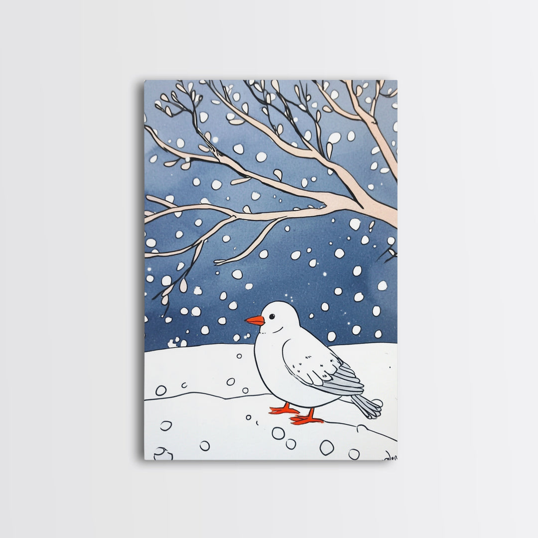 White Snow Bird Under Winter Branches Wall Art, Cozy Nature Decor, Minimalist Bird Art Print, Scandinavian Decor Canvas Print