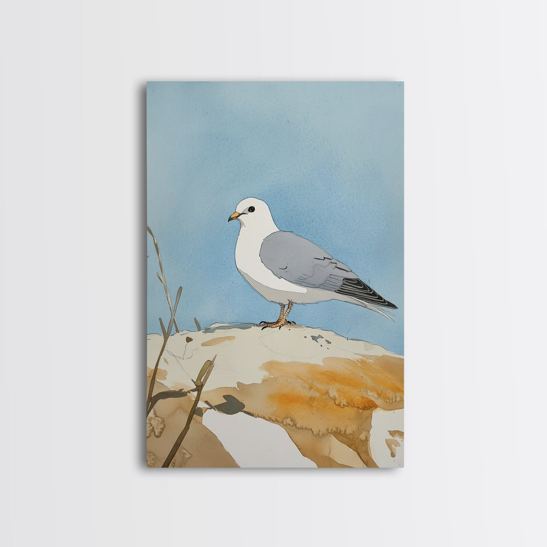Coastal Seagull On Sunlit Rock Wall Art, Beach House Decor, Living Room Decor, Ocean Bird Art Print, Nautical Framed Canvas Print