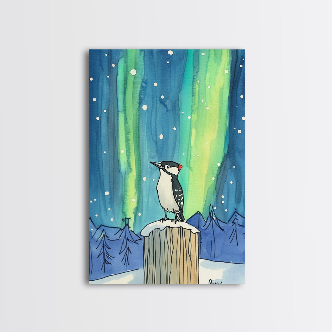 Woodpecker Under Aurora Snowy Forest Wall Art, Northern Lights Bird Art Print, Winter Nature Decor, Cozy Cabin Decor Canvas Print