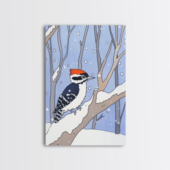 Red Capped Woodpecker In Snowy Winter Forest Wall Art, Woodland Bird Print, Nursery Decor, Rustic Cabin Decor, Nature Gift