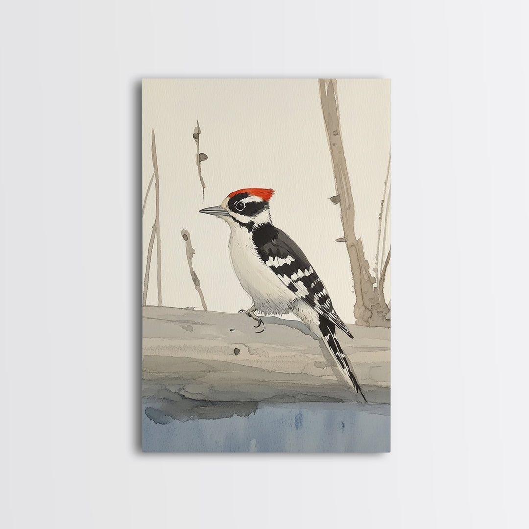 Red Crown Woodpecker On Winter Log Wall Art, Minimalist Bird Print, Woodland Nursery Decor, Rustic Nature Art, Cabin Decor