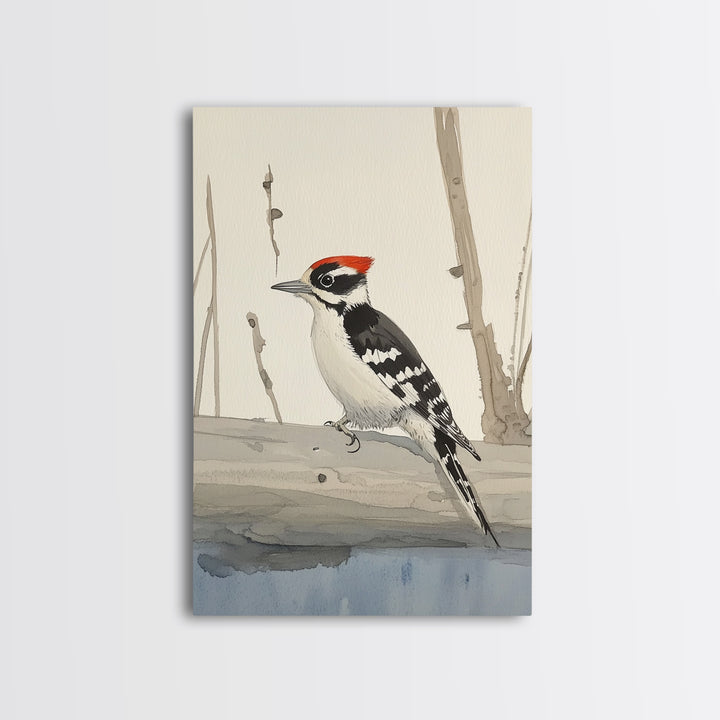 Red Crown Woodpecker On Winter Log Wall Art, Minimalist Bird Print, Woodland Nursery Decor, Rustic Nature Art, Cabin Decor