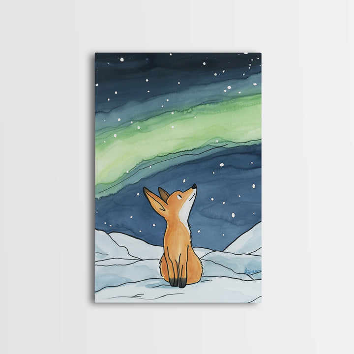Fox Watching Northern Lights In Snow Canvas Print, Aurora Borealis Wall Art, Woodland Nursery Decor, Winter Cabin Decor, Gift