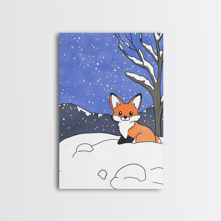 Cute Fox In Snowy Mountain Night Wall Art, Woodland Animal Print, Winter Nursery Decor, Cabin Wall Decor, Whimsical Art Print