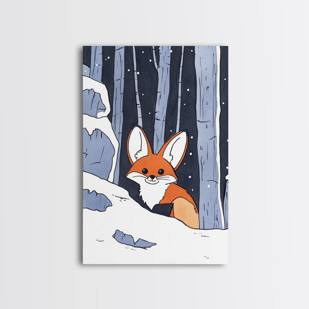 Fox Peeking From Snowy Forest Canvas Print, Woodland Animal Wall Art, Whimsical Nursery Decor, Winter Cabin Decor, Fox Art