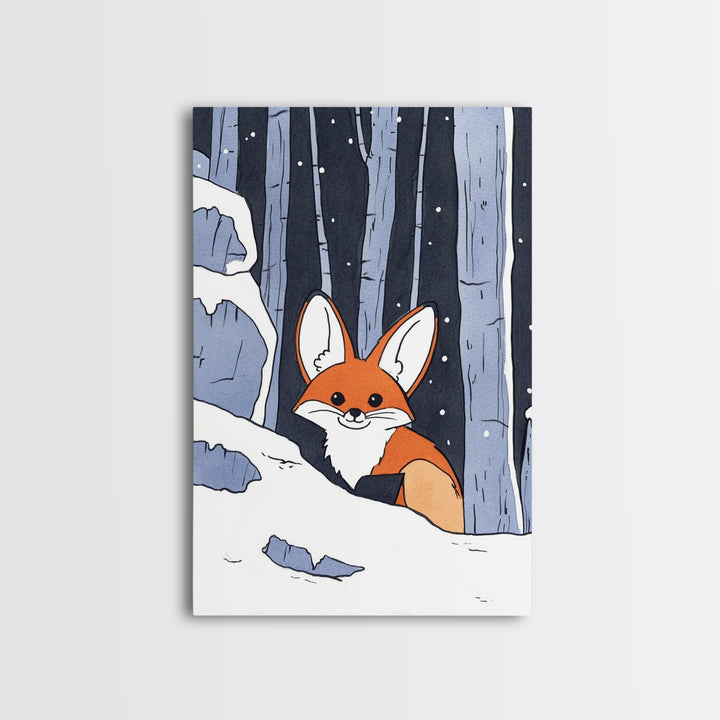 Fox Peeking From Snowy Forest Canvas Print, Woodland Animal Wall Art, Whimsical Nursery Decor, Winter Cabin Decor, Fox Art