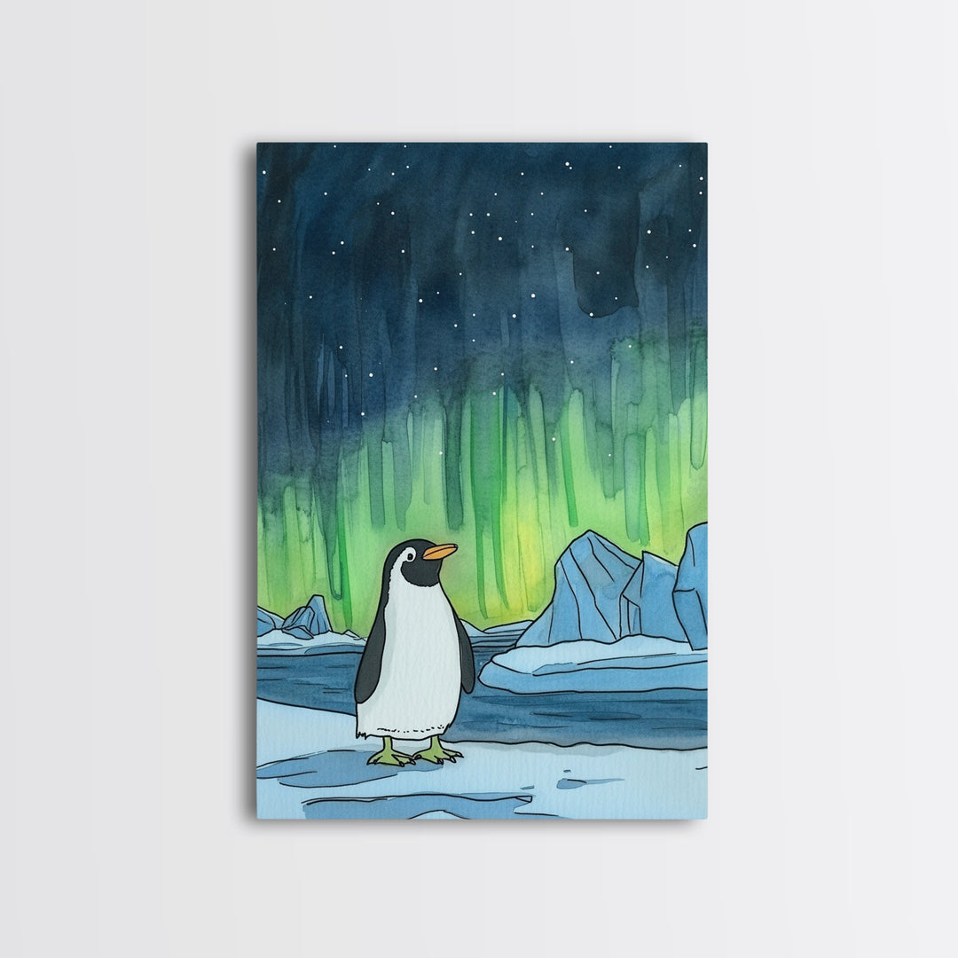 Penguin Under Northern Lights Canvas Print, Arctic Animal Wall Art, Kids Room Decor, Aurora Nursery Art, Gift For Him, Home Decor