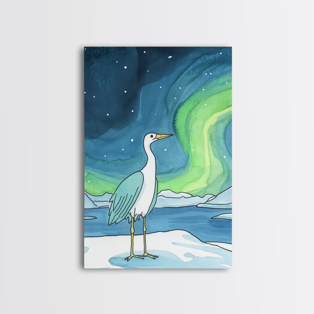 White Heron Under Northern Lights Canvas Print, Arctic Bird Wall Art, Coastal Nature Home Decor, Serene Nursery Gift For Her