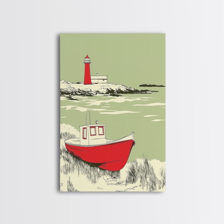 Red Fishing Boat And Lighthouse Canvas Print, Coastal Wall Art, Nautical Beach House Decor, Seascape Gift For Him, Living Room Decor