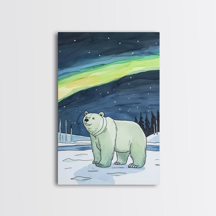Polar Bear Under Northern Lights Wall Art, Arctic Wildlife Canvas Print, Winter Nature Decor, Nursery Gift For Kids Room