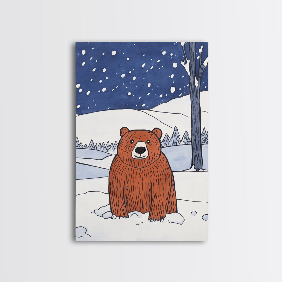 Brown Bear In Snowy Forest Wall Art, Woodland Animal Canvas Print, Rustic Nursery Decor, Winter Wildlife Gift For Kids Room Decor