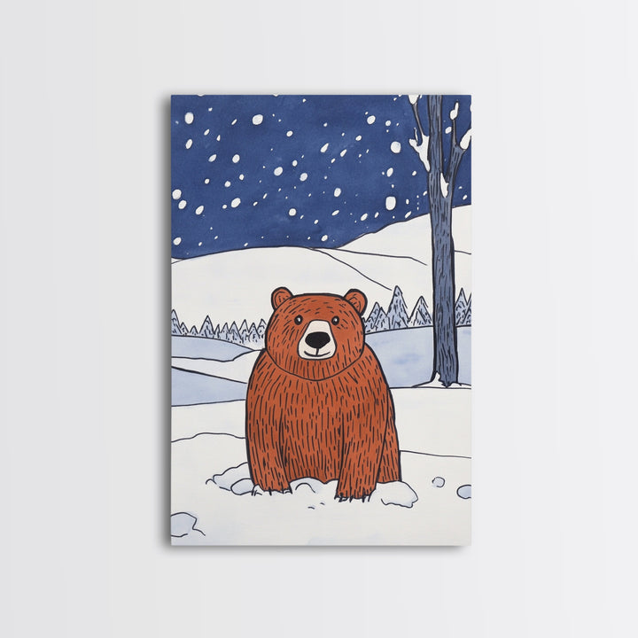 Brown Bear In Snowy Forest Wall Art, Woodland Animal Canvas Print, Rustic Nursery Decor, Winter Wildlife Gift For Kids Room Decor