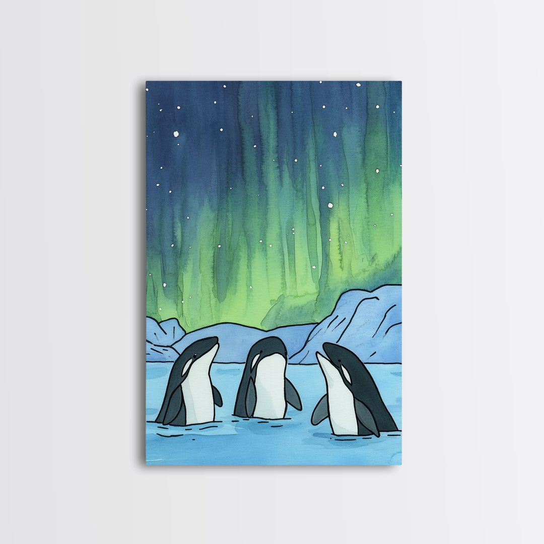 Orca Whales Under Northern Lights Wall Art, Arctic Ocean Print, Marine Life Decor, Coastal Nursery Art, Whale Lover Gift