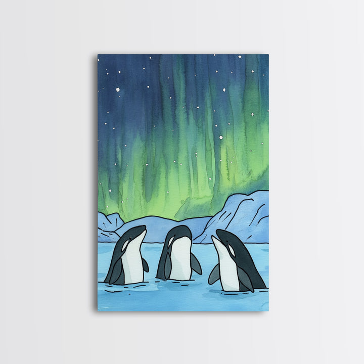 Orca Whales Under Northern Lights Wall Art, Arctic Ocean Print, Marine Life Decor, Coastal Nursery Art, Whale Lover Gift