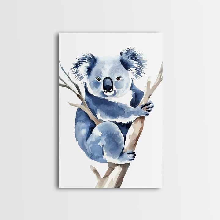 Blue Koala Climbing Eucalyptus Canvas Print, Watercolor Animal Wall Art, Nursery Decor, Kids Room Art, Wildlife Art Print