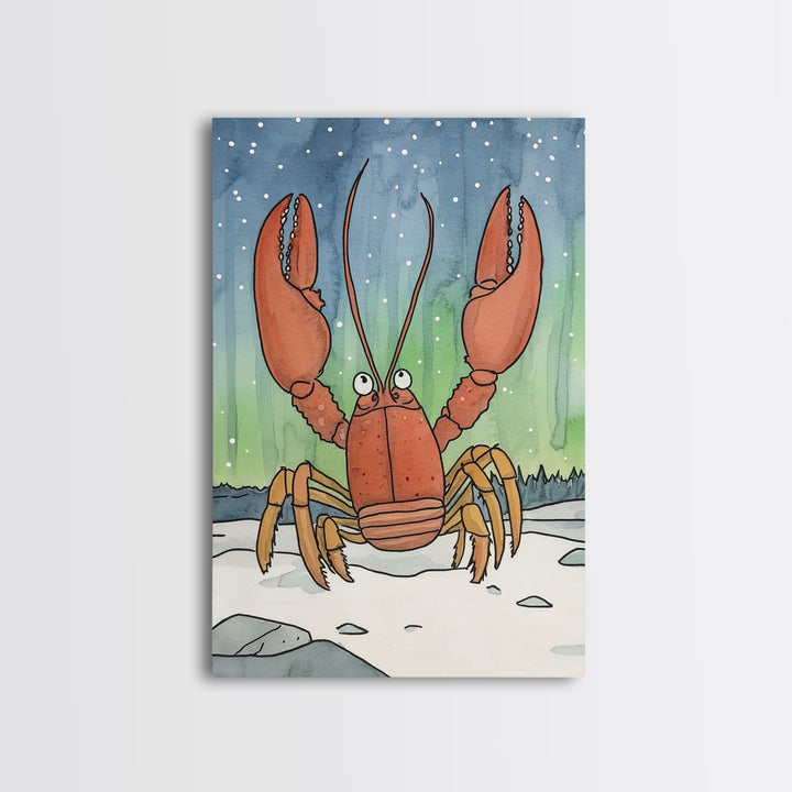 Whimsical Lobster Under Starry Sky Canvas Print, Coastal Animal Wall Art, Nautical Nursery Decor, Ocean Life Art Print, Kids Room Decor