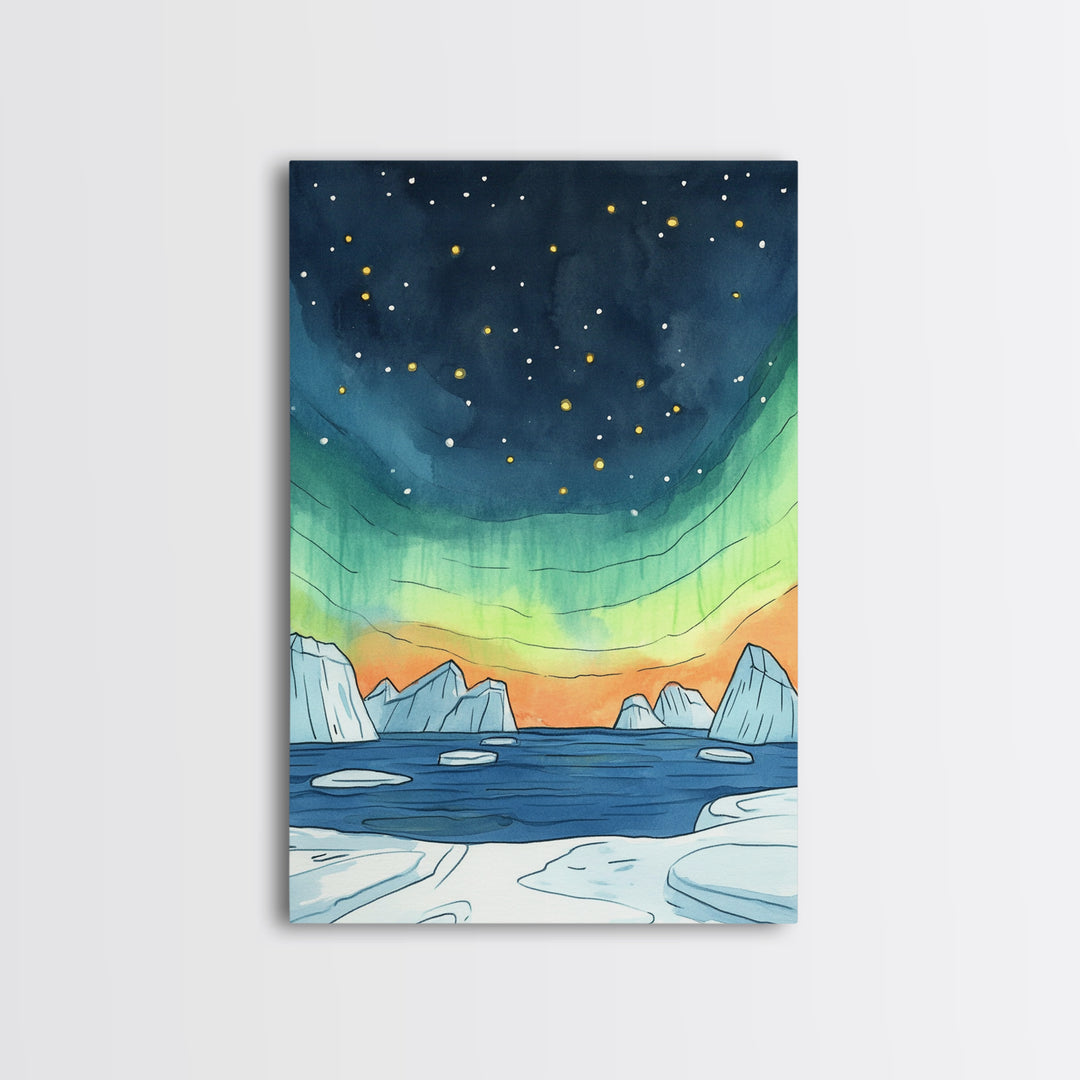 Northern Lights Over Icebergs Canvas Print, Arctic Ocean Wall Art, Aurora Seascape Decor, Coastal Landscape Gift For Her