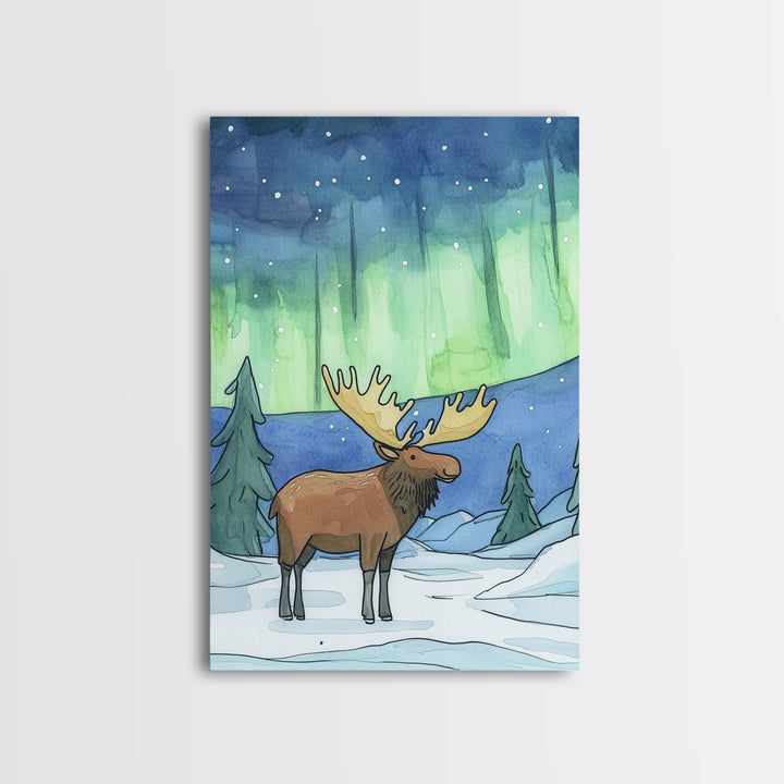 Whimsical Moose Under Green Northern Lights Canvas Print, Winter Animal Wall Art For Nursery Decor And Cozy Cabin Decor Gift
