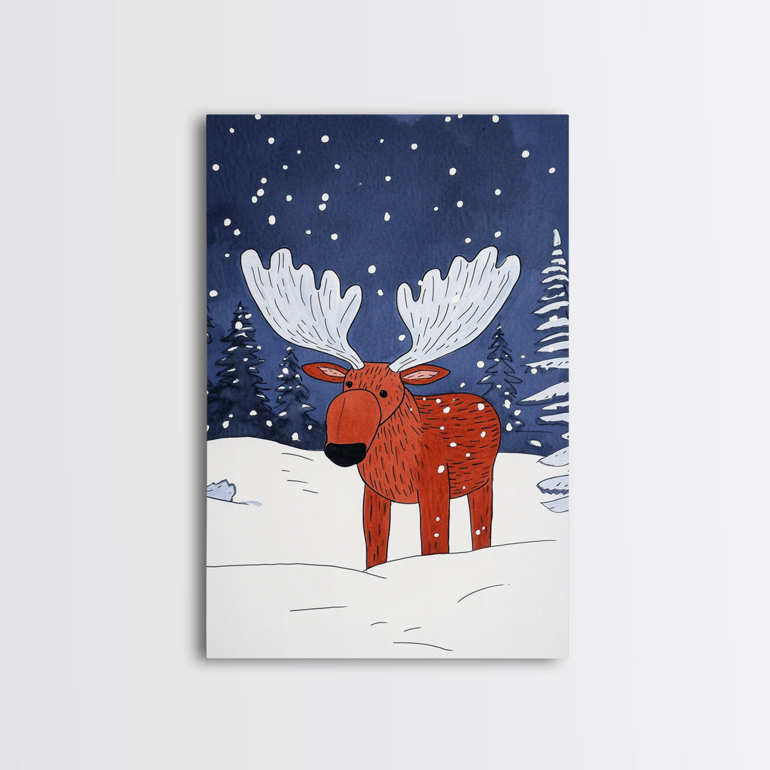 Red Whimsical Moose In Snowy Forest Canvas Print, Cute Animal Wall Art For Kids Room Decor And Nordic Winter Decor Gift Print