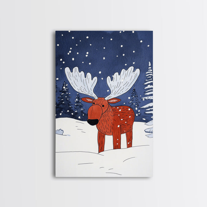 Red Whimsical Moose In Snowy Forest Canvas Print, Cute Animal Wall Art For Kids Room Decor And Nordic Winter Decor Gift Print