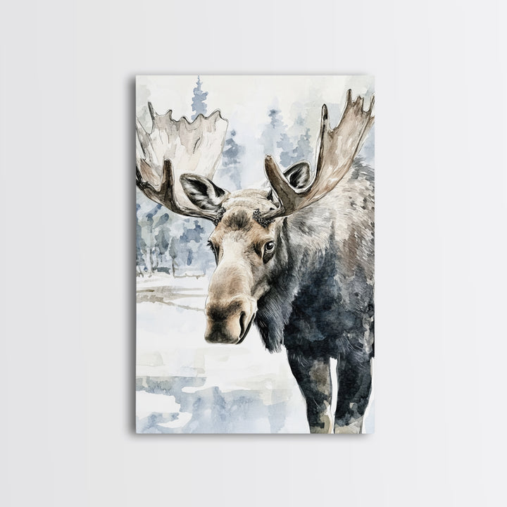 Realistic Moose Portrait In Snowy Pines Framed Canvas Print, Wildlife Wall Art For Rustic Cabin Decor And Nature Lover Gift