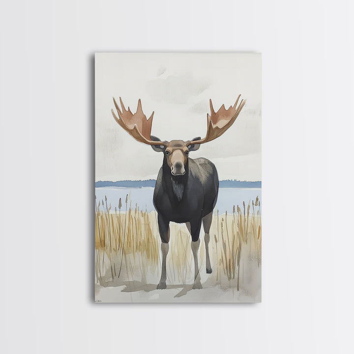 Standing Moose By Quiet Lake Canvas Print, Rustic Wildlife Wall Art For Cabin Decor, Nature Wall Art, And Housewarming Gift