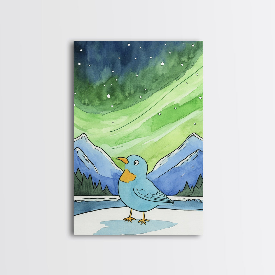 Blue Bird Beneath Green Aurora Canvas Print, Whimsical Animal Wall Art For Nursery Decor, Mountain Art, And Kids Room Decor