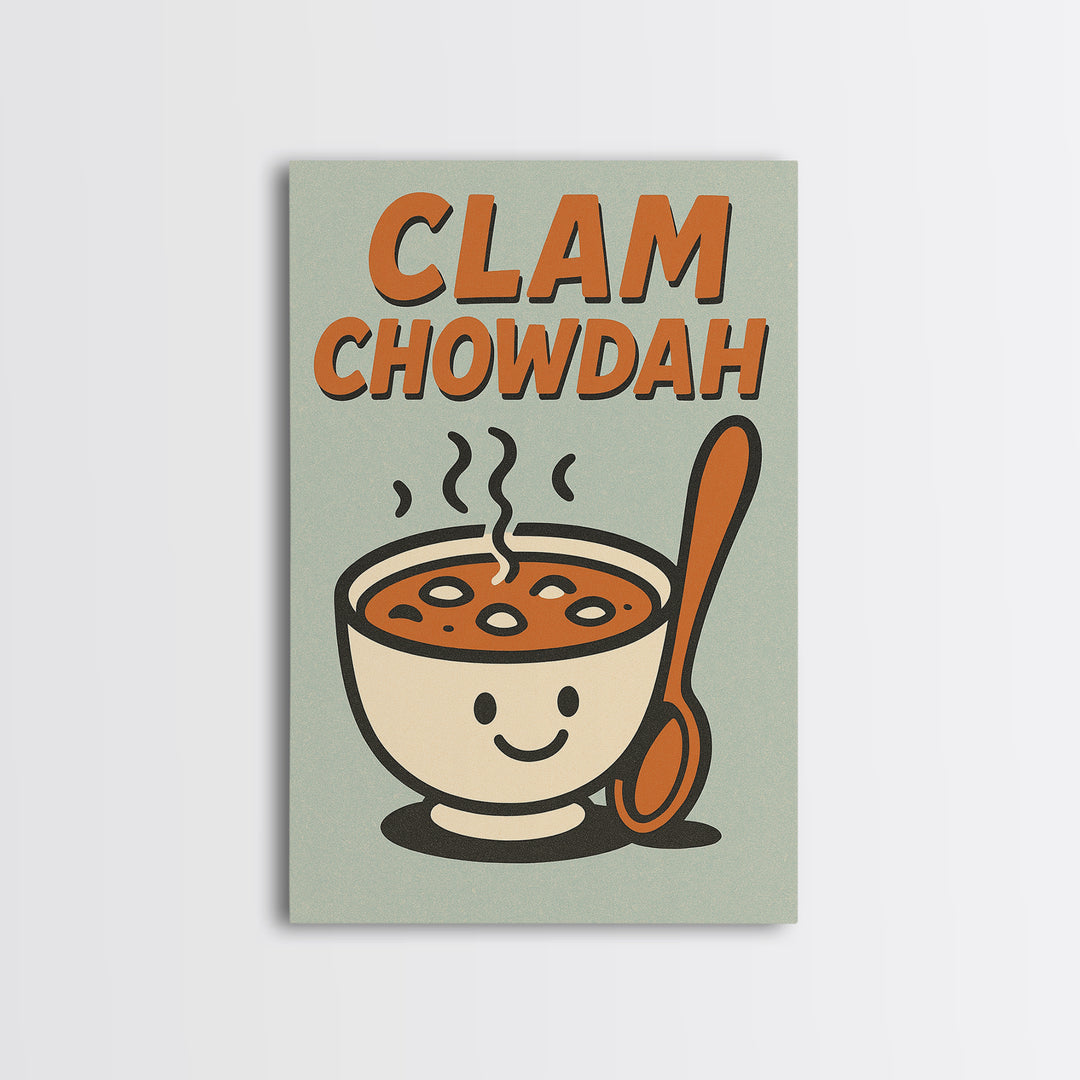Cute Clam Chowdah Soup Bowl Wall Art, Funny Kitchen Art Print, Retro Food Poster, New England Coastal Home Decor Gift Idea