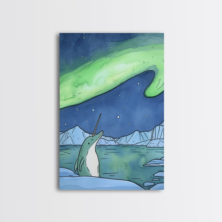 Whimsical Narwhal Under Northern Lights Canvas Print, Arctic Ocean Animal Wall Art, Nursery Decor And Kids Room Gift For Her