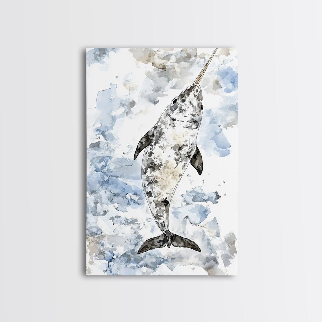 Speckled Narwhal Whale Watercolor Framed Canvas Print, Marine Life Wall Art, Ocean Animal Nursery Decor And Coastal Gift