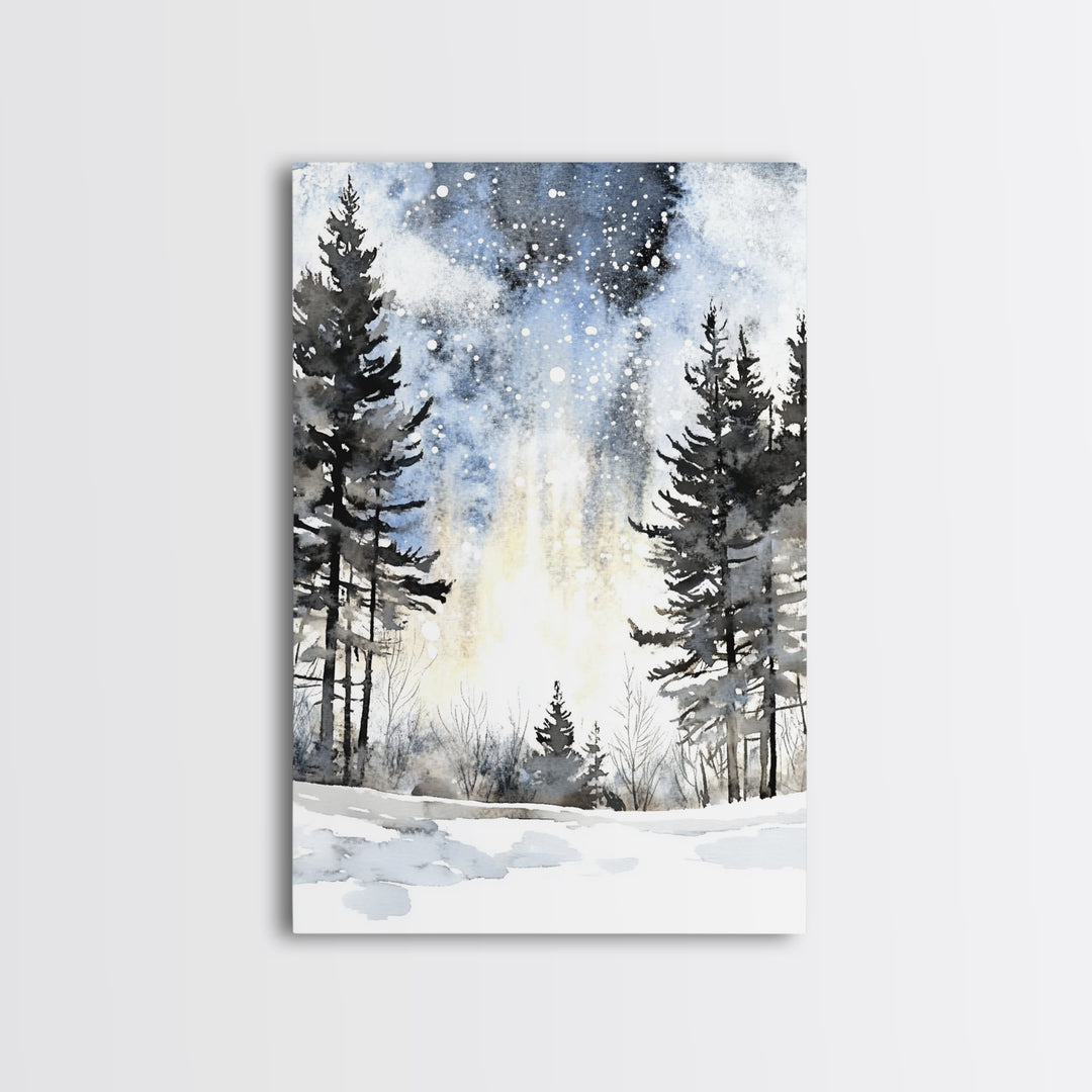 Snowy Night Pine Forest Framed Canvas Print, Winter Landscape Wall Art, Moody Nature Decor For Cabin Living Room Gift Idea