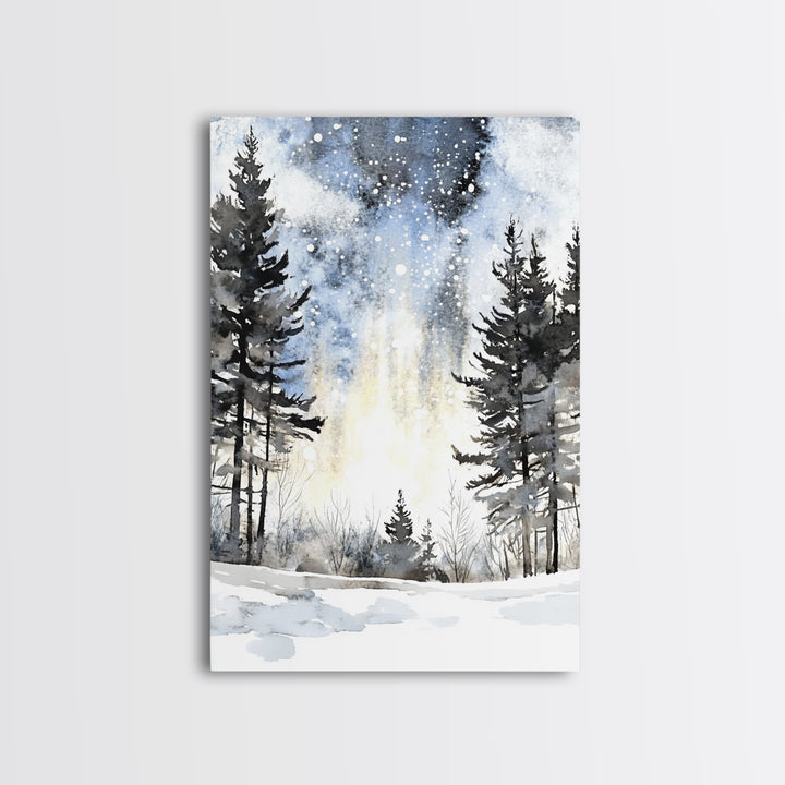 Snowy Night Pine Forest Framed Canvas Print, Winter Landscape Wall Art, Moody Nature Decor For Cabin Living Room Gift Idea