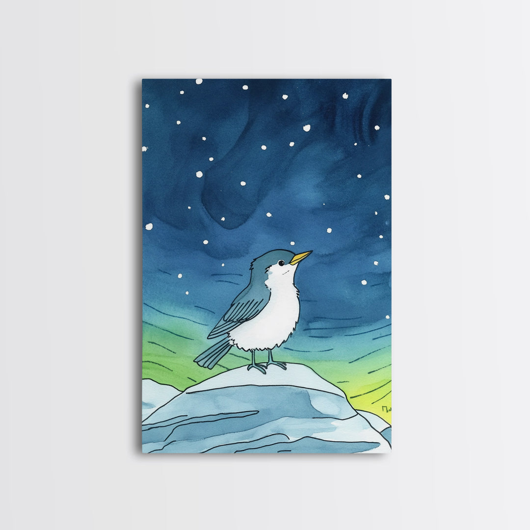 Cute Arctic Bird On Ice Under Aurora Canvas Print, Whimsical Animal Wall Art, Nursery Decor And Kids Room Decor Gift For Bird Lover