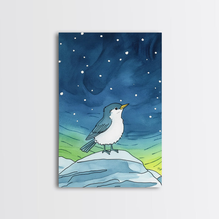Cute Arctic Bird On Ice Under Aurora Canvas Print, Whimsical Animal Wall Art, Nursery Decor And Kids Room Decor Gift For Bird Lover